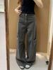 Extra Long Grey Wide-Leg Cargo Jeans for Women - Loose High Waist, Slimming, Straight-Leg, Floor-Length