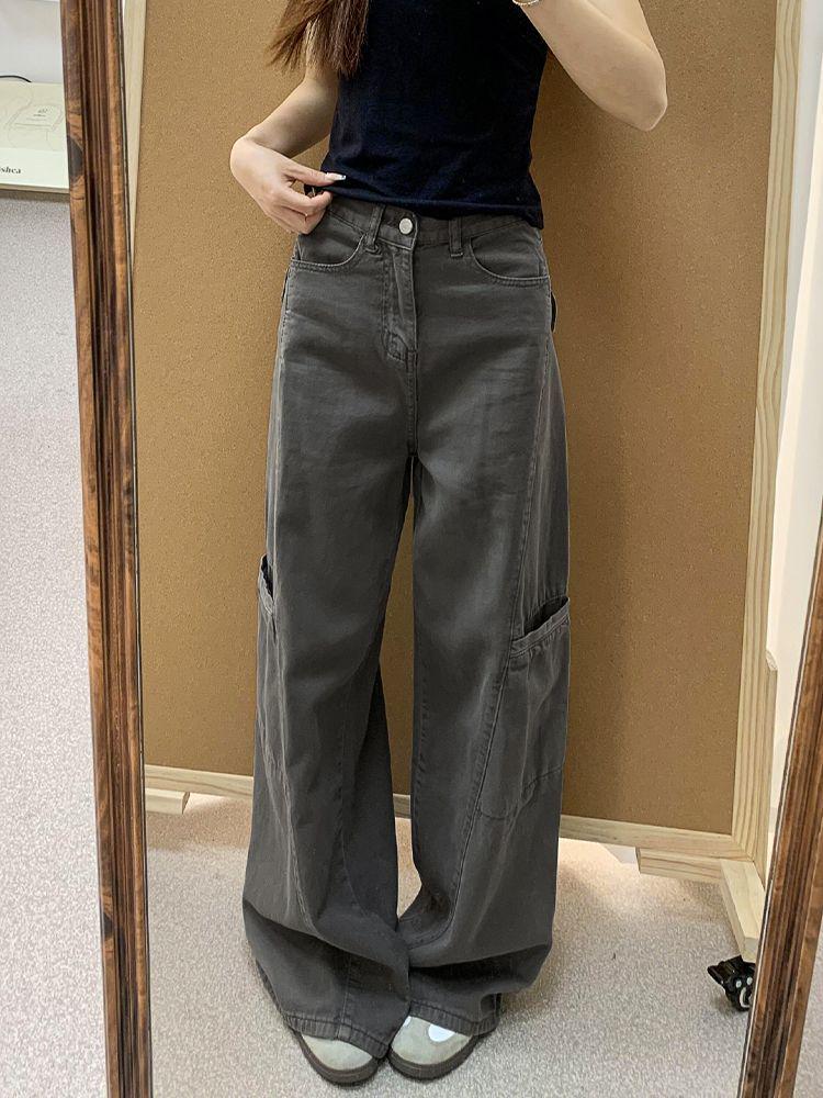 Extra Long Grey Wide-Leg Cargo Jeans for Women - Loose High Waist, Slimming, Straight-Leg, Floor-Length