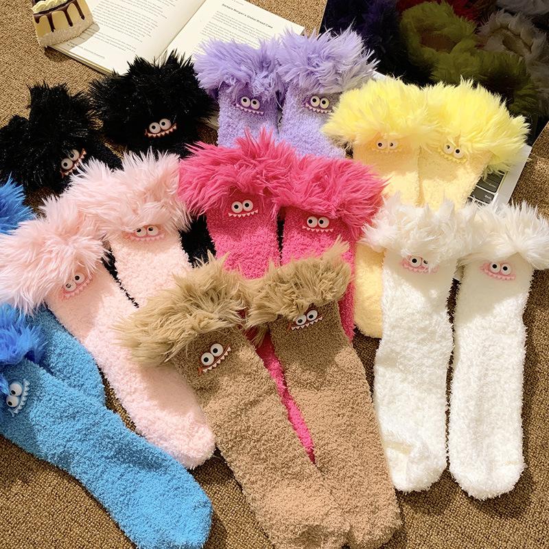 Funny Big Mouth Monster Plush Socks Cartoon Creative Warm Plush Thick Coral Velvet Sleeping Socks Winter Women Socks Gifts