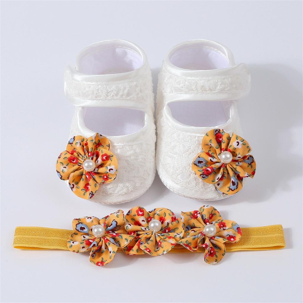 Baby-Set mit Blumenperlenschleife, Stickerei und Klebepunkten für Kleinkinder, Schuhe und Haarband