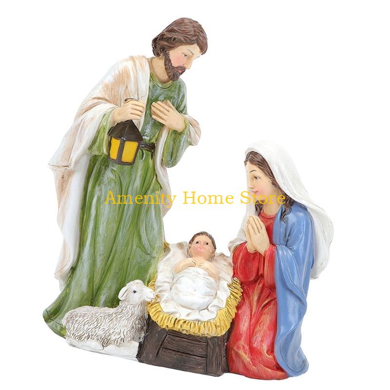 

F26C Resin Craft Holy Family Nativity Scene LED Light and Button Cell Operate Festival Ornament for Family Use CN