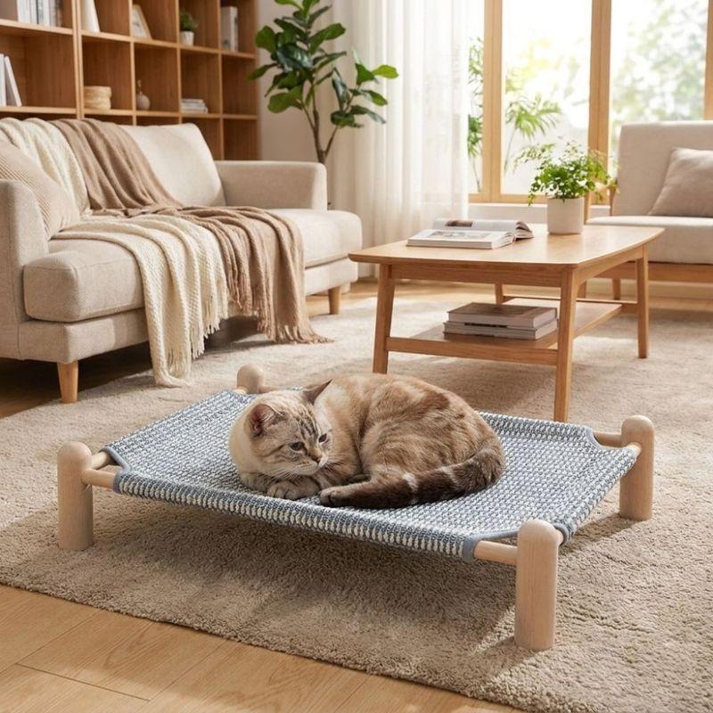Dog Cot Breathable Cat Elevated Bed Wooden Frame Removable Cat Hammock Moisture-proof Canvas Dog Sofa Bed Outdoor Camp