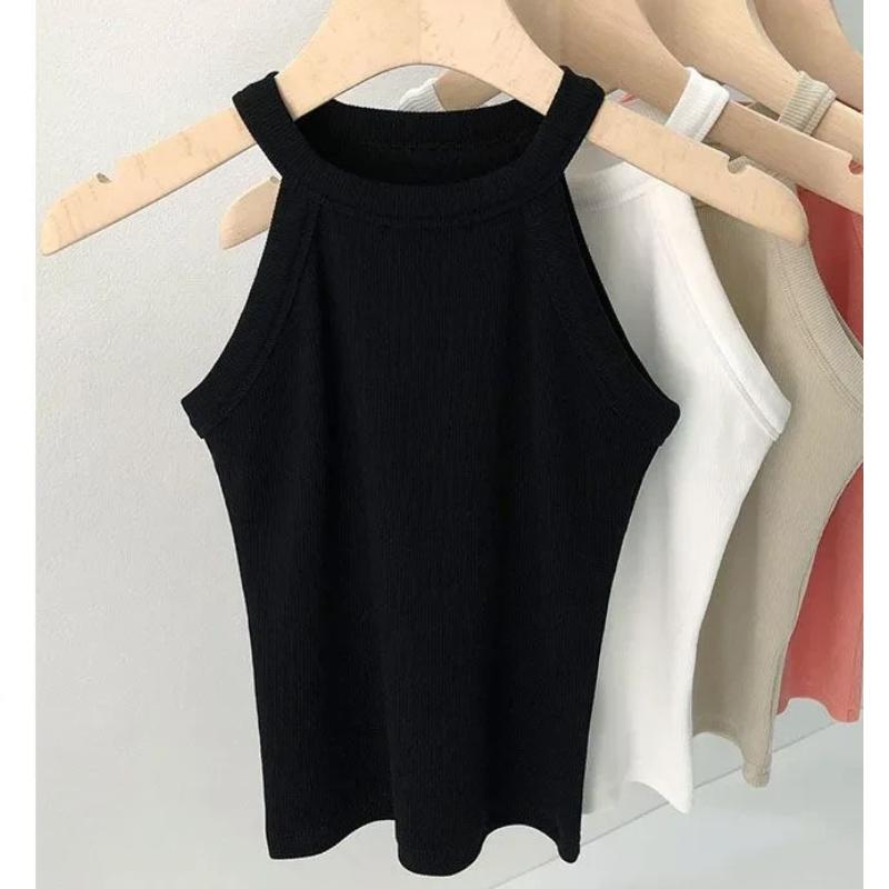 Damen Halter Neck Geripptes Gestricktes Ärmelloses Figurbetontes Lässiges Crop Top