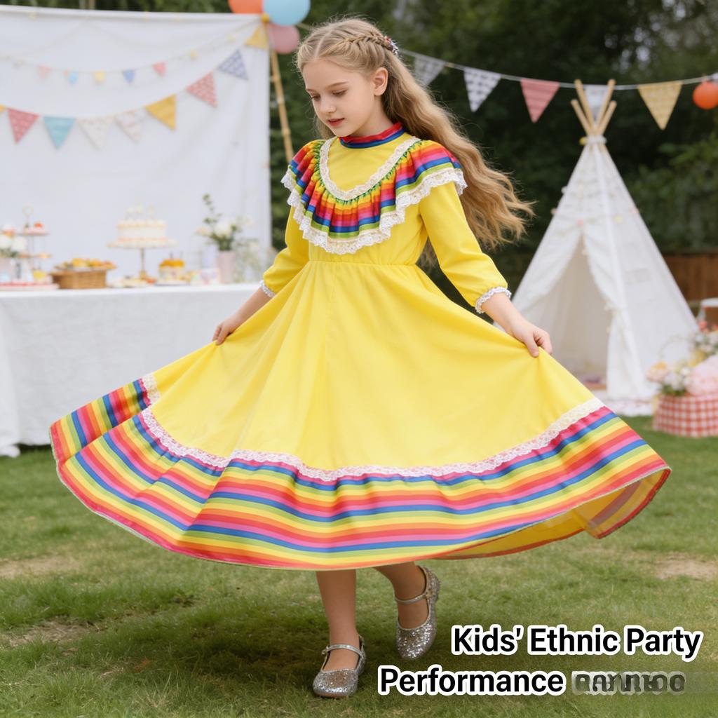 Mexican Folk Dance Costume for Girls Traditional Long Dress Ethnic Party Performance