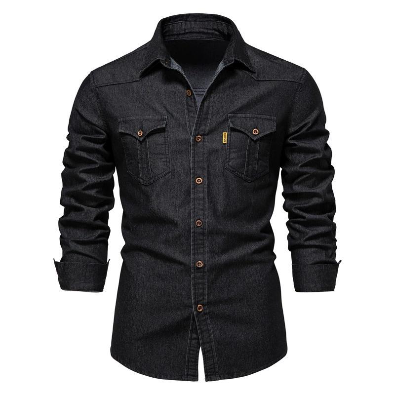 

Men s Spring and Autumn Plus Size Lapel Long Sleeve Solid Colour Button Down Denim Shirt 3XL чорний