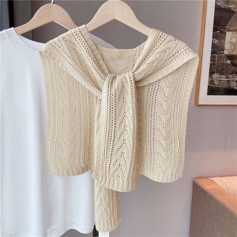 

Women Wraps Spring 100%Wool Waistcoat Hollowed-out Hook Patterns Stylish Solid-color Knitted Shoulder Sleeves False Collar Shawl бежевий