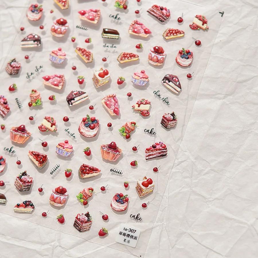 Cute Animals Bear Dog Cake Sweet Cherry Grid Bowknot Star Line Fruit Relief Self Adhesive Nail Art Stickers 5D Manicure Decals