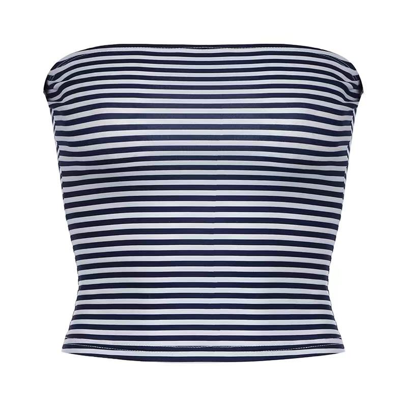 

Женские укороченные топы без бретелек с открытыми плечами и открытой спиной, короткая майка, летняя вечеринка, клубный полосатый/однотонный мини-жилет, новинка 2024 года L темно-синий