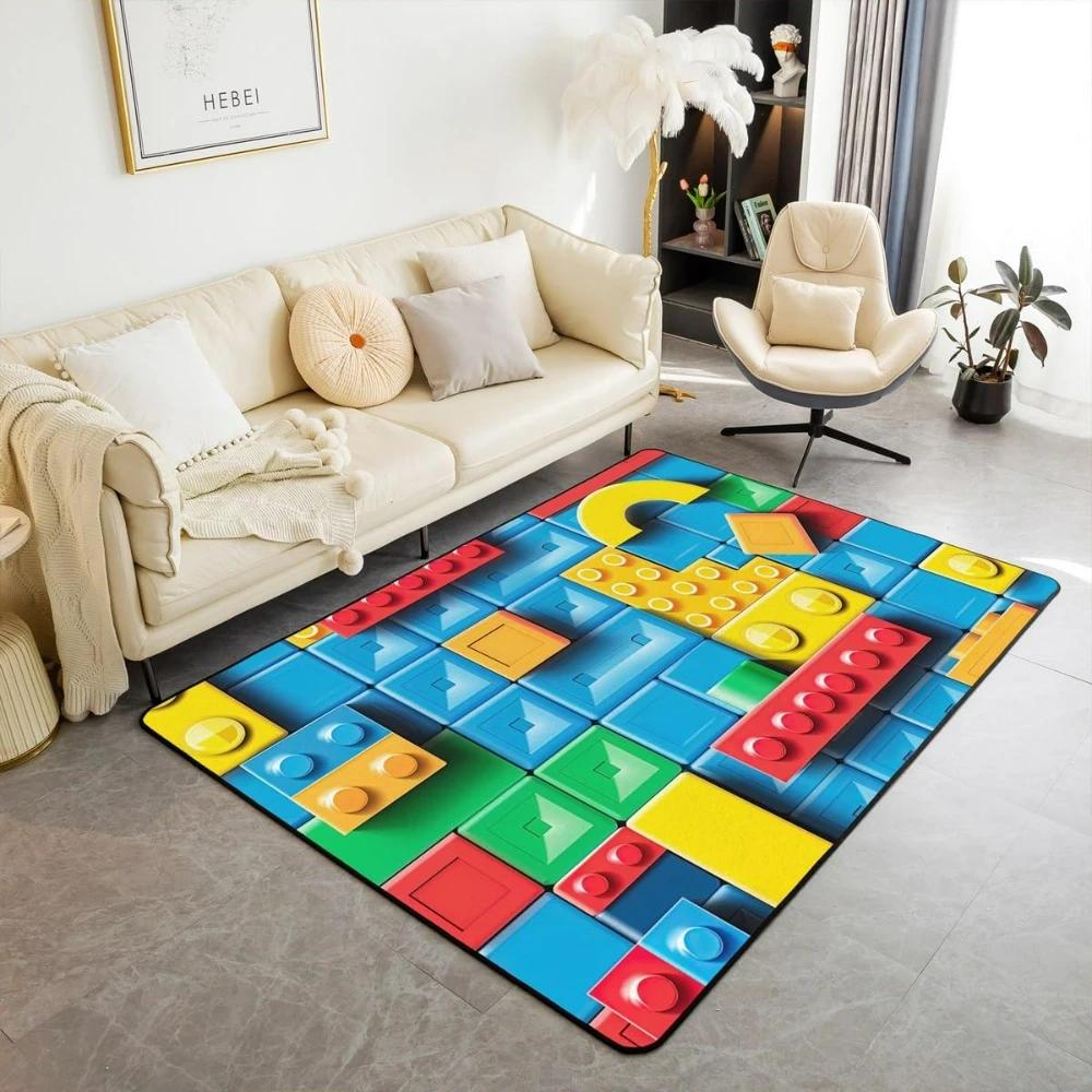 Rainbow Building Blocks Inspired Carpets for Living Room Decor Construction Carpet for Boys Girls Bedroom Washable Entrance Rug