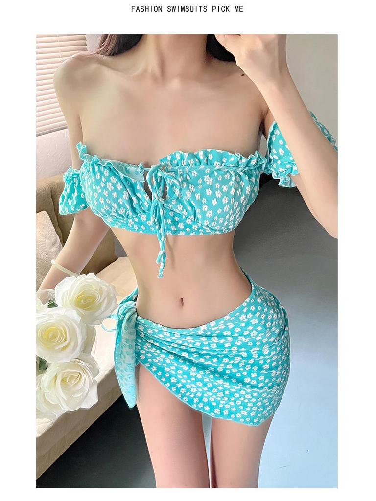 2024 Floral One-Shoulder Tube Top Swimsuit Set: Sexy Three-Piece with Split Skirt