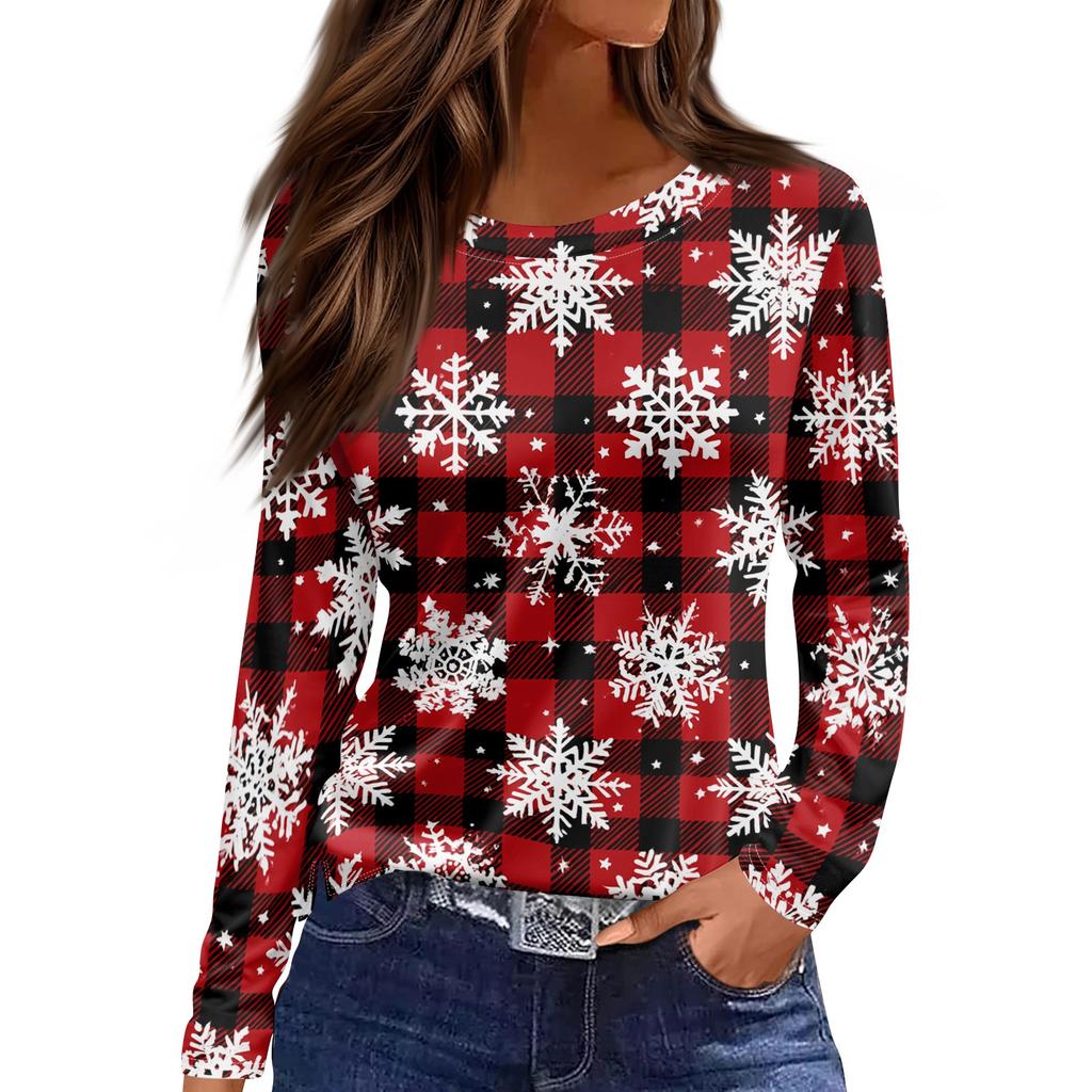 Women's Christmas Print Long Sleeve Top with Round Neck and Side Slit