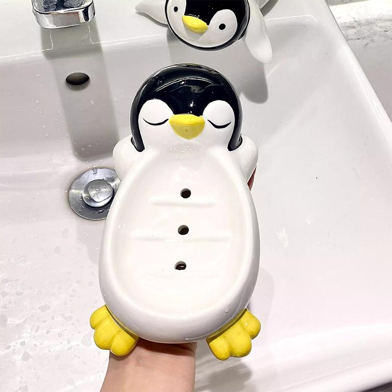 1 Stück Seifenkiste in Pinguinform aus Keramik, Ablaufseifenschale, Badezimmer, Dusche, Seifenhalter, Schwammablage, Küche, Badezimmer-Zubehör