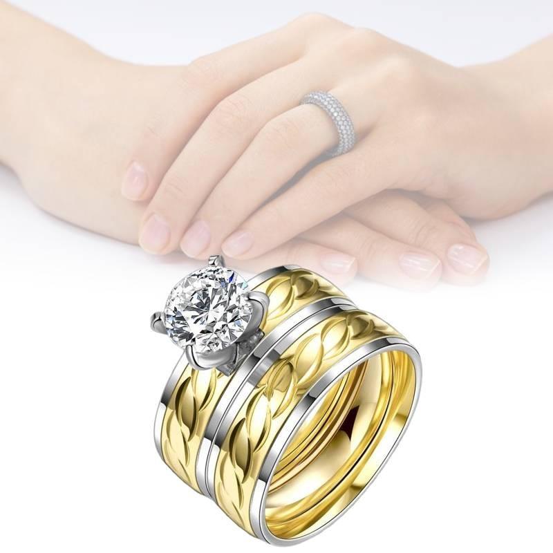 Stylish Gold Titanium Steel Ring For Couples Featuring Hidden Zircon Stone Design