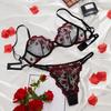 2Pcs/Set Sexy Fit Underwear Set Embroidery Flower Perspective Yarn Stitching Women Bra Low-rise Briefs Set