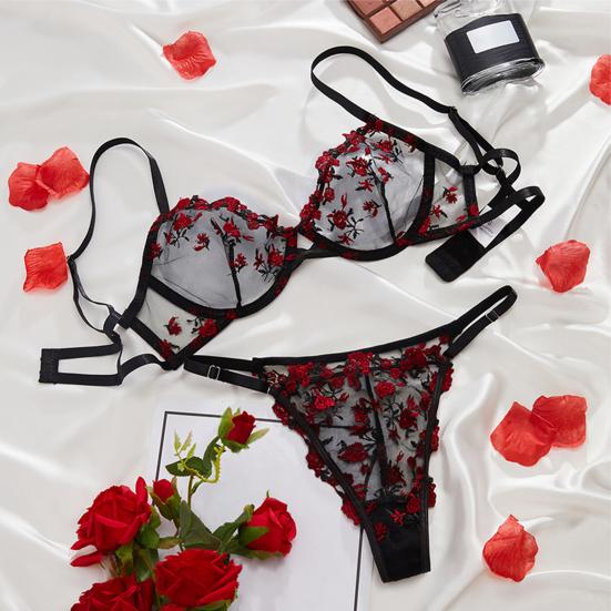 2ks/sada Sexy Fit Spodní prádlo Set Výšivka Květina Perspektiva Příze Šití Dámská Podprsenka Sada kalhotek s nízkým pasem