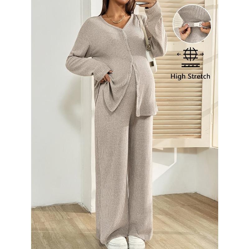 Autumn and Winter Knitted Cardigan Top with Adjustable Waist, Casual Loose Pants, Maternity Suit