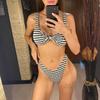 Gestreifter Knitter-Bikini mit hohem Beinausschnitt für Damen Bademode Damen Badeanzug Zweiteiliges Bikini-Set Badesachen Badeanzug Schwimmen