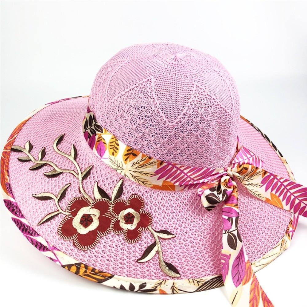 Foldable Flower Embroidery Hat Wide Brim Panama Hat New Straw Beach Cap  Outdoor Casual