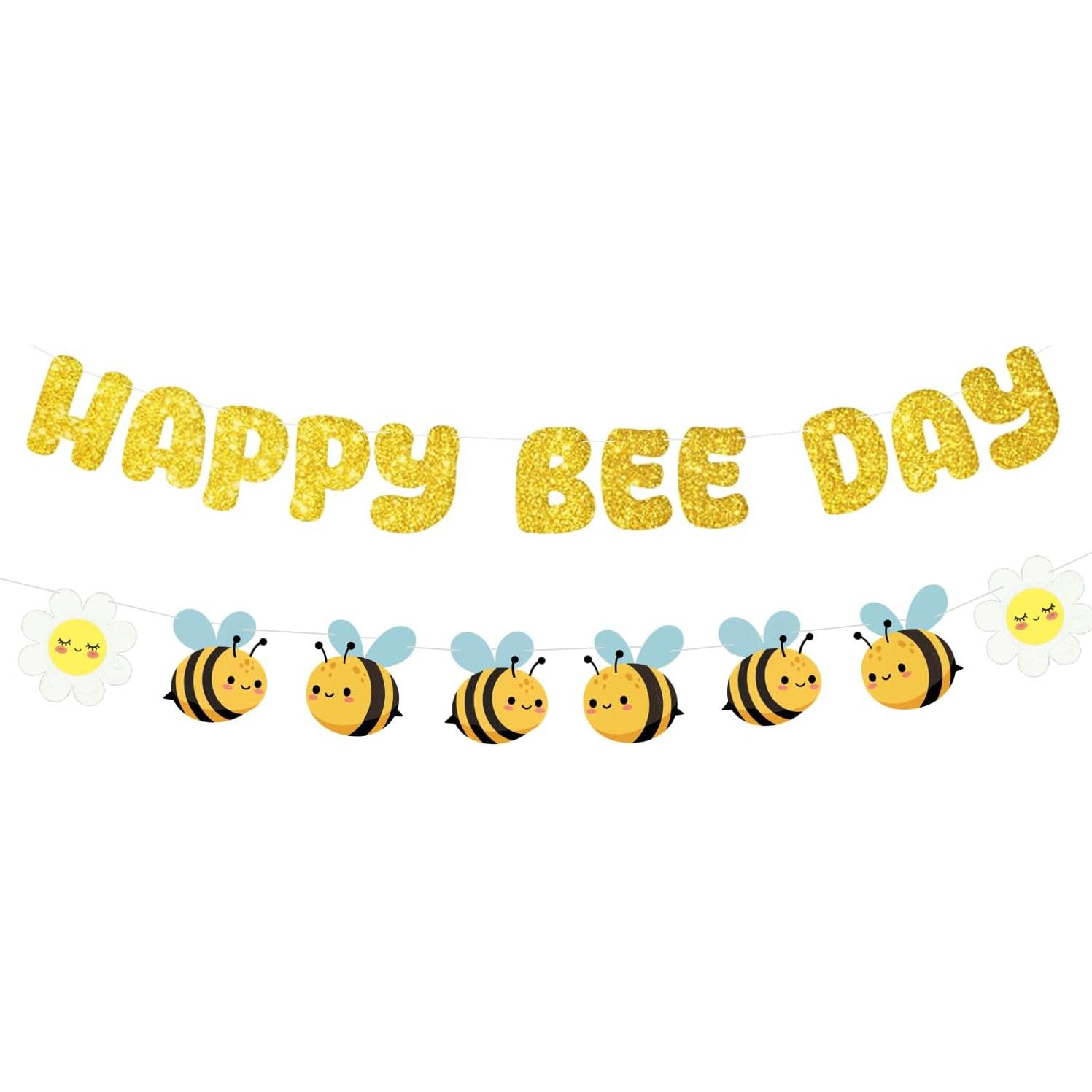 Gold Glitter Happy Bee Day Banner, BumbleBee Theme Baby Shower Party Supplies, First Birthday Mommy to Bee Decoration(PRE-STRUNG)
