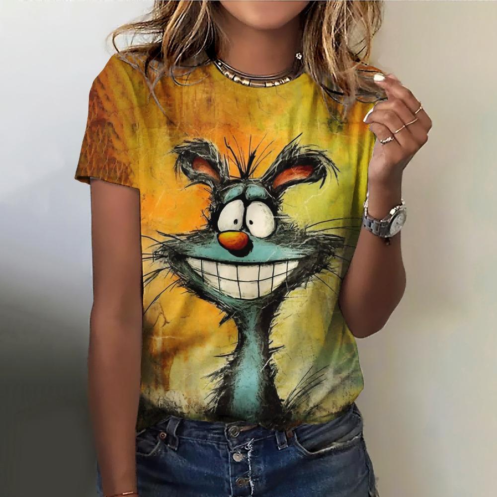 Schönes Katzenmotiv Damen O-Ausschnitt Locker Kurzarm T-Shirts Kawaii Stil Pullover