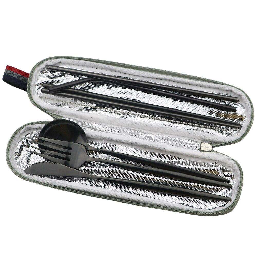 8pc Portable Shiny Gold Travel Flatware Set With Portable Blue Bag Stainless Steel Dinnerware Set Spoon Fork Knife Cutlery Set With Chopsticks Straws