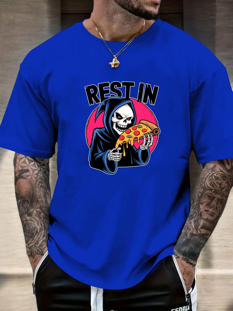 Mens Casual Tshirt Grim Reaper Pizza REST IN Print Short Sleeve Round Neck Breathable Oversized Daily Wear Tee