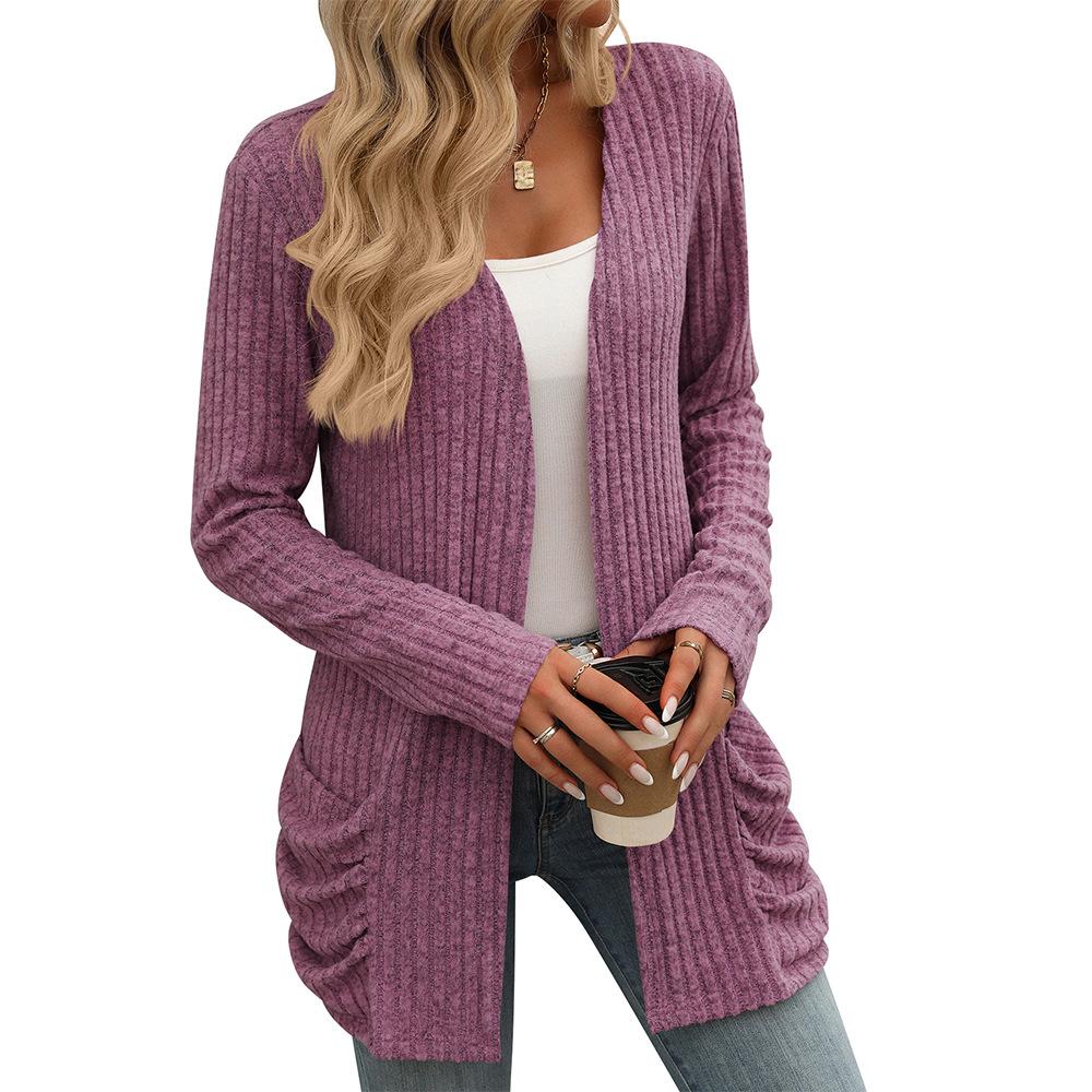 Outono e inverno feminino malhas cor sólida pit listra escovado bolso cardigan manga longa jaqueta
