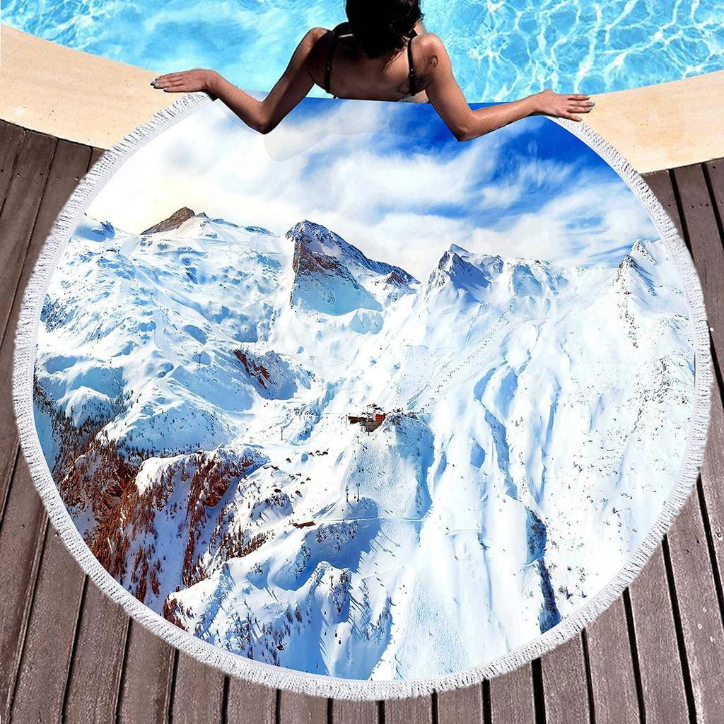 Snow Mountain Round Beach Towel Microfiber Nature Scenery Beach Blanket Absorbent Quick Dry Sand Free Bath Towel Picnic Yoga Mat