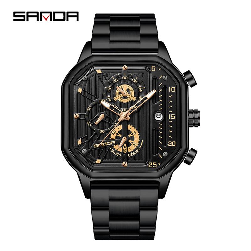 SANDA 7058 Square Quartz Watch Men's Business Quartz Watch Multi-function Six Hands Calendar Waterproof Steel Belt Wristwatch