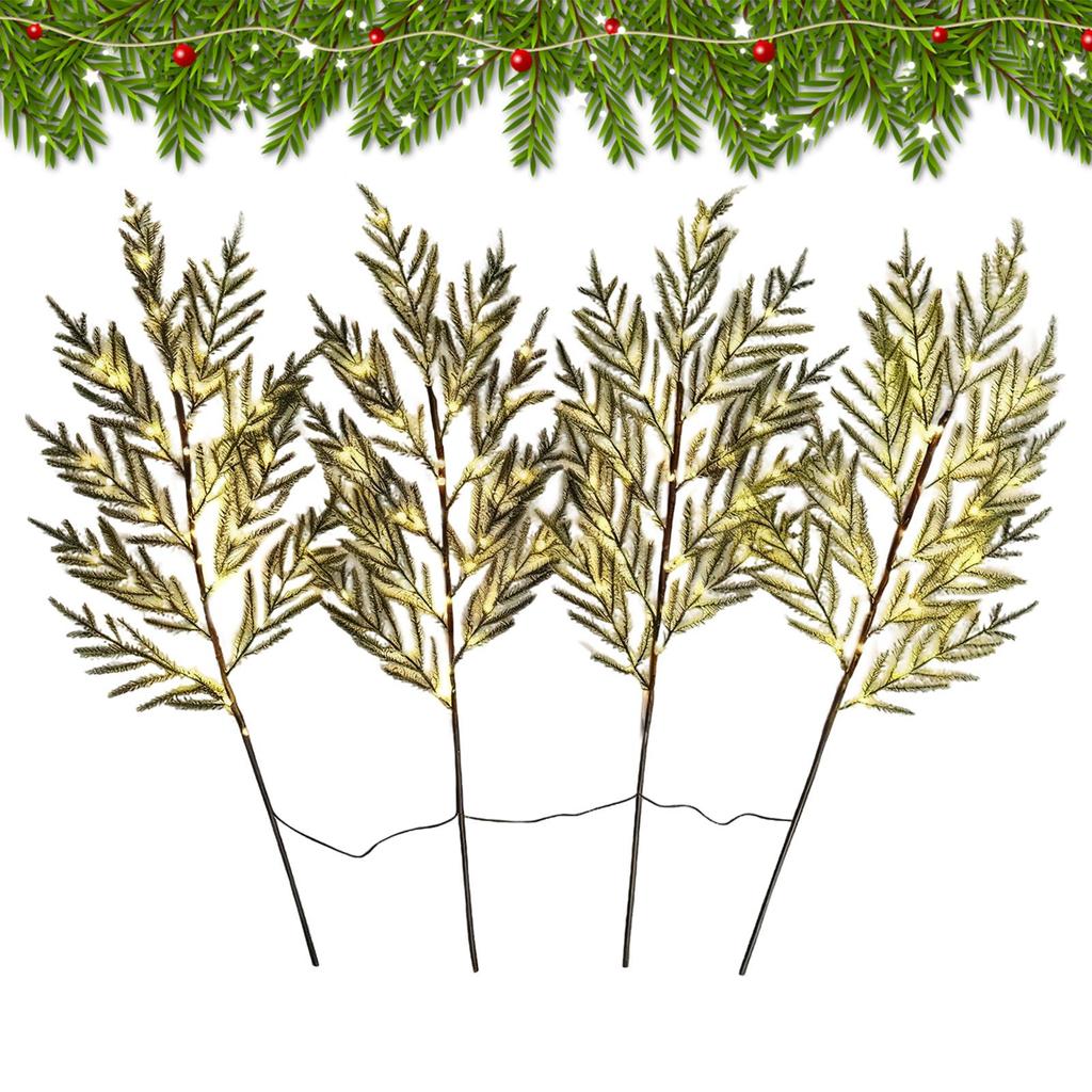 4 Pieces Realistic Christmas Pine Stems With Lights Christmas Picks Artificial Pine Branches For Garland Wreath Mantel Vase