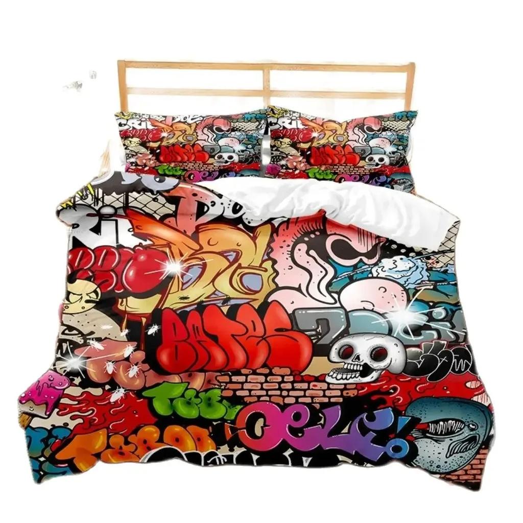 Hippie Graffiti Bedding Set Teens Adults Hip Hop Duvet Cover Set King Queen Size Youth Comforter Cover Modern Street Art Cover