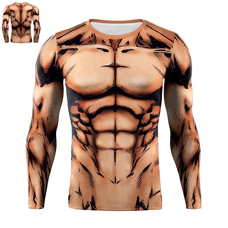 Spring and Autumn Round Neck 3D Muscle Printed Top Fashionable Casual Long Sleeved Men's T-shirts
