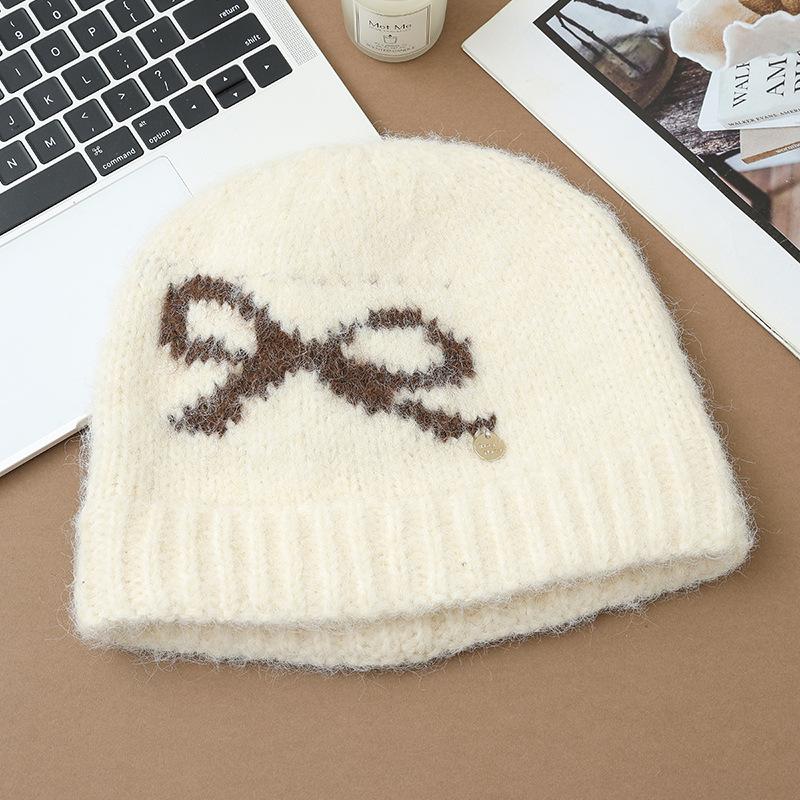 Korean Sweet Bow Jacquard Cold Hat Autumn and Winter Fashion Versatile Knitted Wool Hat Outdoor Cold Warm Hat New