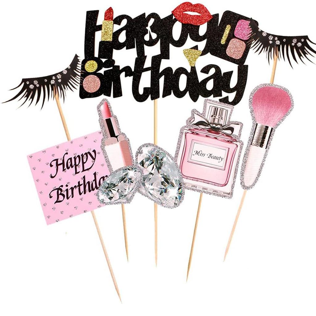 Glitter Makeup Cake Toppers Lipstick Cake Picks Cupcake Decors High Heel Makeup Brushes for Bridal Cosmetics Party Decorations