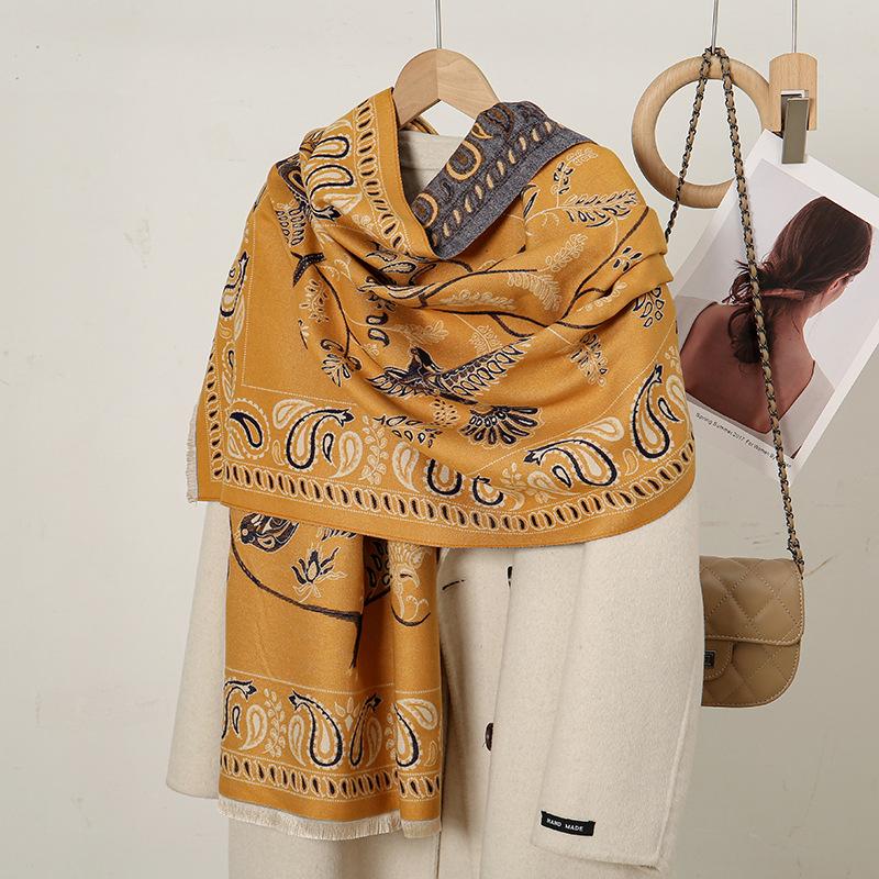 

New Imitation Cashmere Thickened Warm Scarf Women S Literary And Fresh Blue Bird Cashew Pattern Lengthened And Thickened Shawl 185X70CM