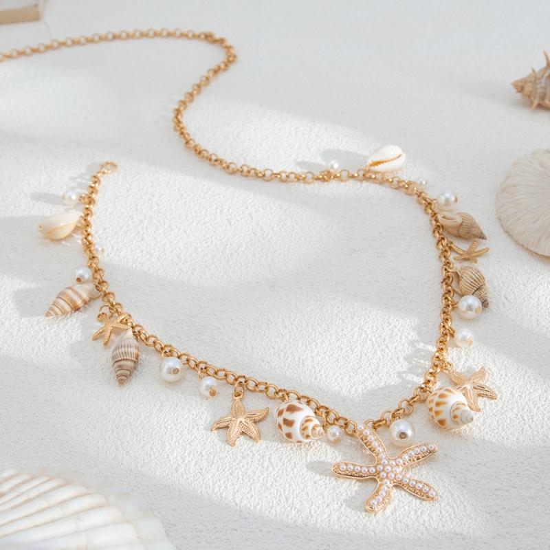 Gold Tone Waist Chain Fashionable Belly Chain with Sea Star and Faux Pearls Design for Ocean Charm Style