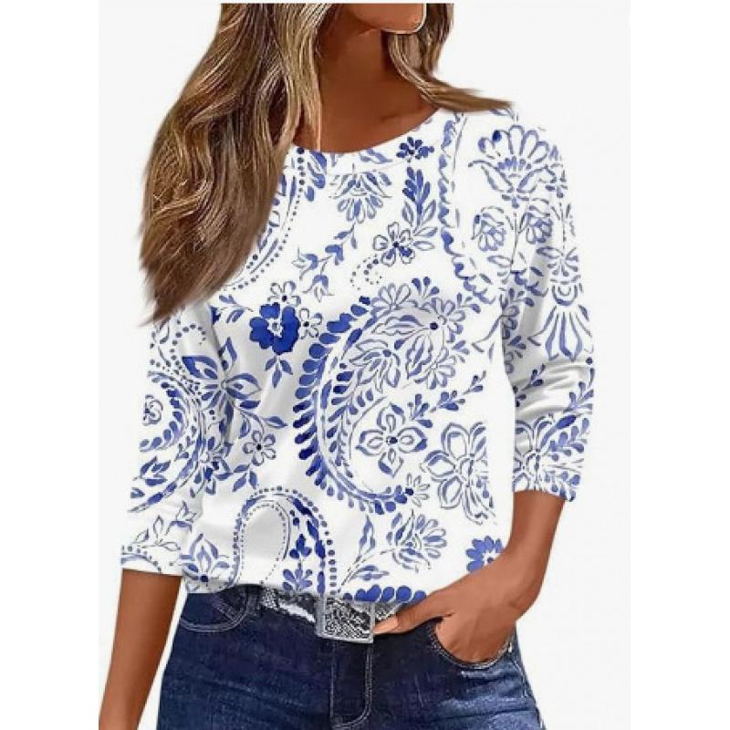 

Spring and Summer New Women s Slim Fit Imitation Cotton Round Neck Printed Solid Color Three-quarter Sleeve Long Sleeve 2XL