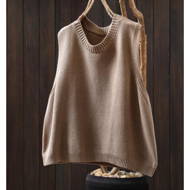 Women's Crew Neck Sleeveless Loose Fit Retro Knit Vest Loose Fit Layering Waistcoat