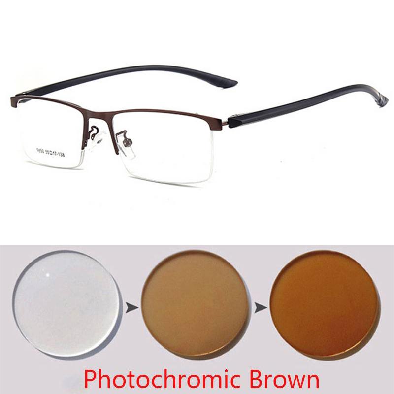 Semi-Rimless Business Metal Glasses Photochromic Lenses and Anti-UV Coating for Men Square Prescription 0 -0.5 -0.75 To -6