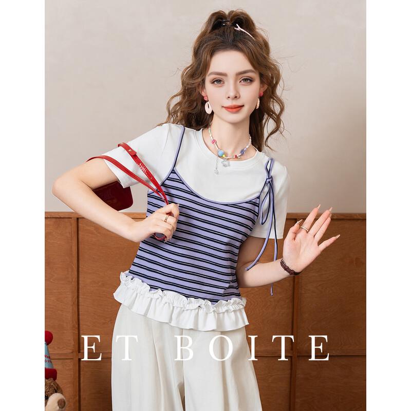 Women s Faux Two-Piece Striped Short Sleeve T-shirt XL