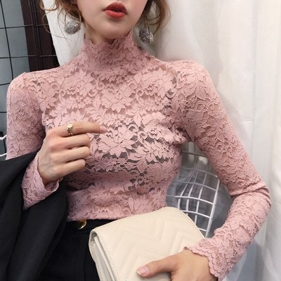 Lente Halfhoge Kraag Slanke Lange Mouw T-shirt Dames Herfst en Winter Holle Kant Dieptepunt Shirt Top