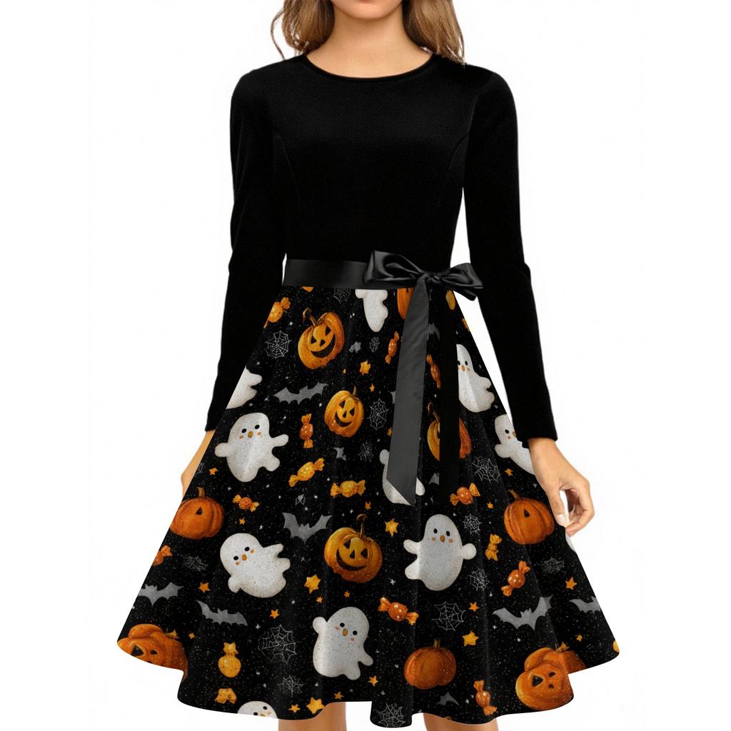Women's Vintage Halloween Print Round Neck Casual Dress for Everyday Wear