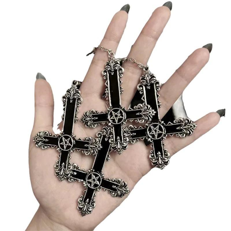 Retro Punk Inverted Cross Five-pointed Star Black Charm Witch Dangle Earrings for Women Gothic Infidels Hallowmas Jewelry Gifts
