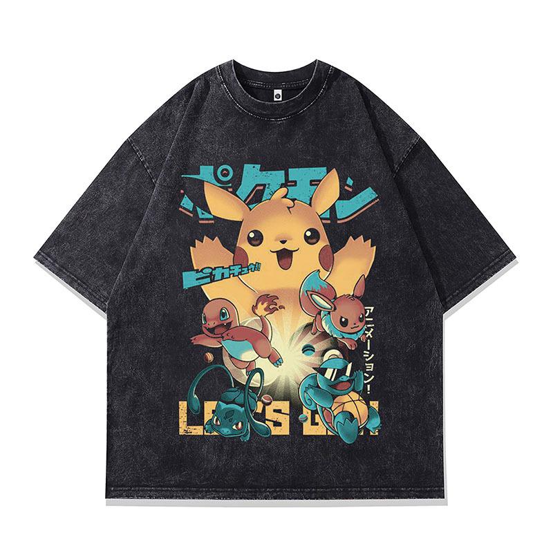 T-shirt d'été nouveau style rétro japonais dessin animé imprimé surdimensionné coton lavé manches courtes marque tendance homme et femme