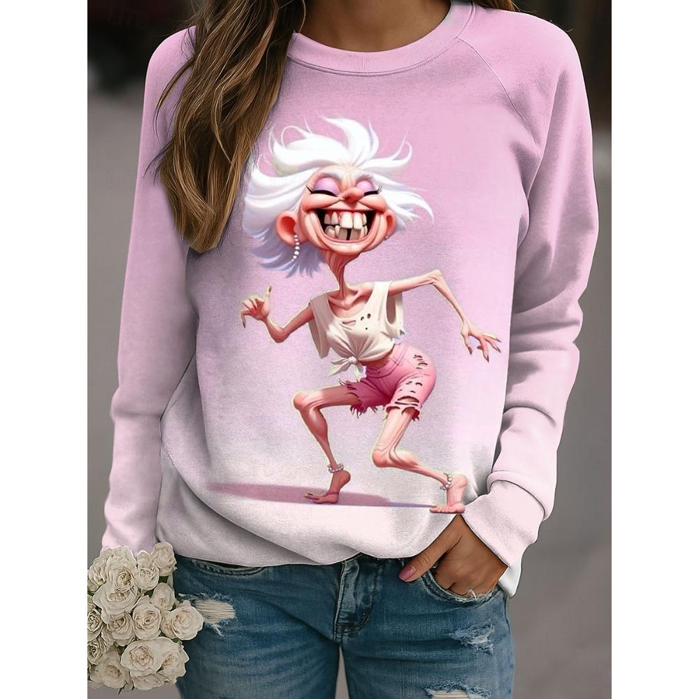 Fall Winter Pullover Women's Funny Old Lady Sweatshirt Trendy 3D Print O-Neck Long Sleeve Tops  Women's Apparel Streetwear
