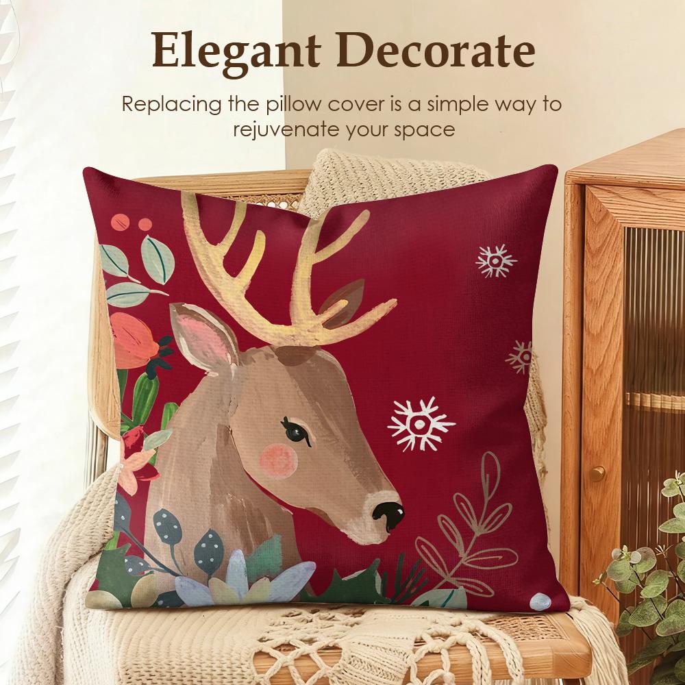 Cute Christmas Reindeer Cushion Cover Natural Linen Organic Fabric Double-Sided Printing Sofa Home Decor Gift Pillow Case