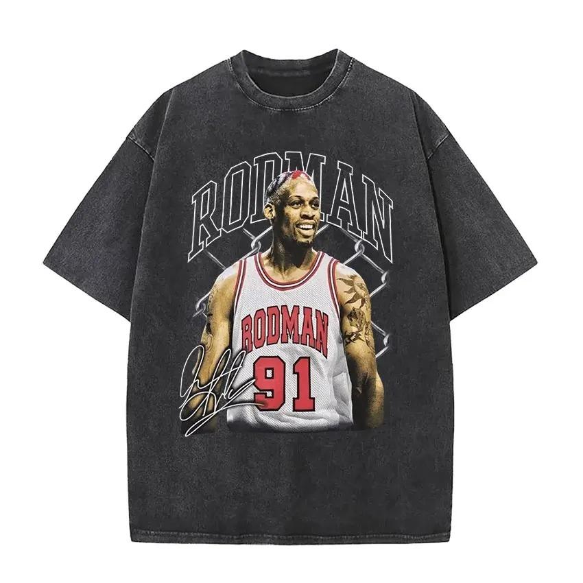 2026 Dennis Rodman Camiseta Lavada Vintage para Hombre y Mujer Genial Hip Hop Gótico Camisetas Oversize Cuello Redondo Moda de Alta Calidad Streetwear