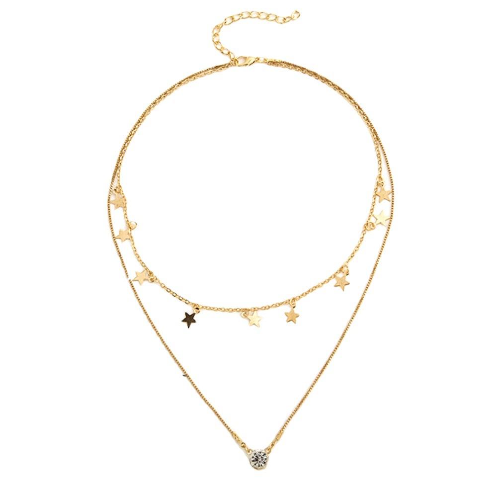European and American Fashion Temperament Simple Star Five-pointed Star Pendant Necklace Personalized Diamond Necklace Multi-layer Collarbone Chain