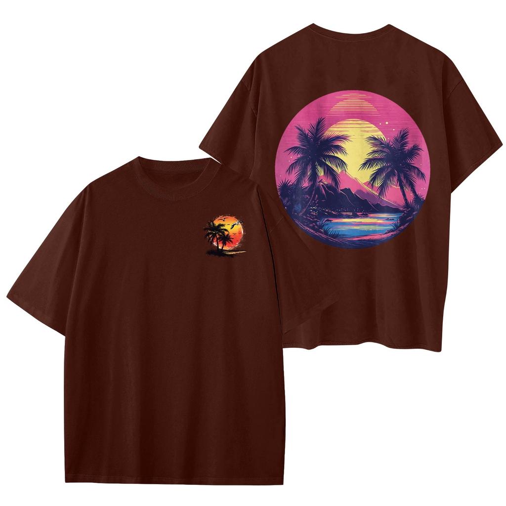 Women's Round Neck Fashionable Loose Hawaiian Print Short Sleeves