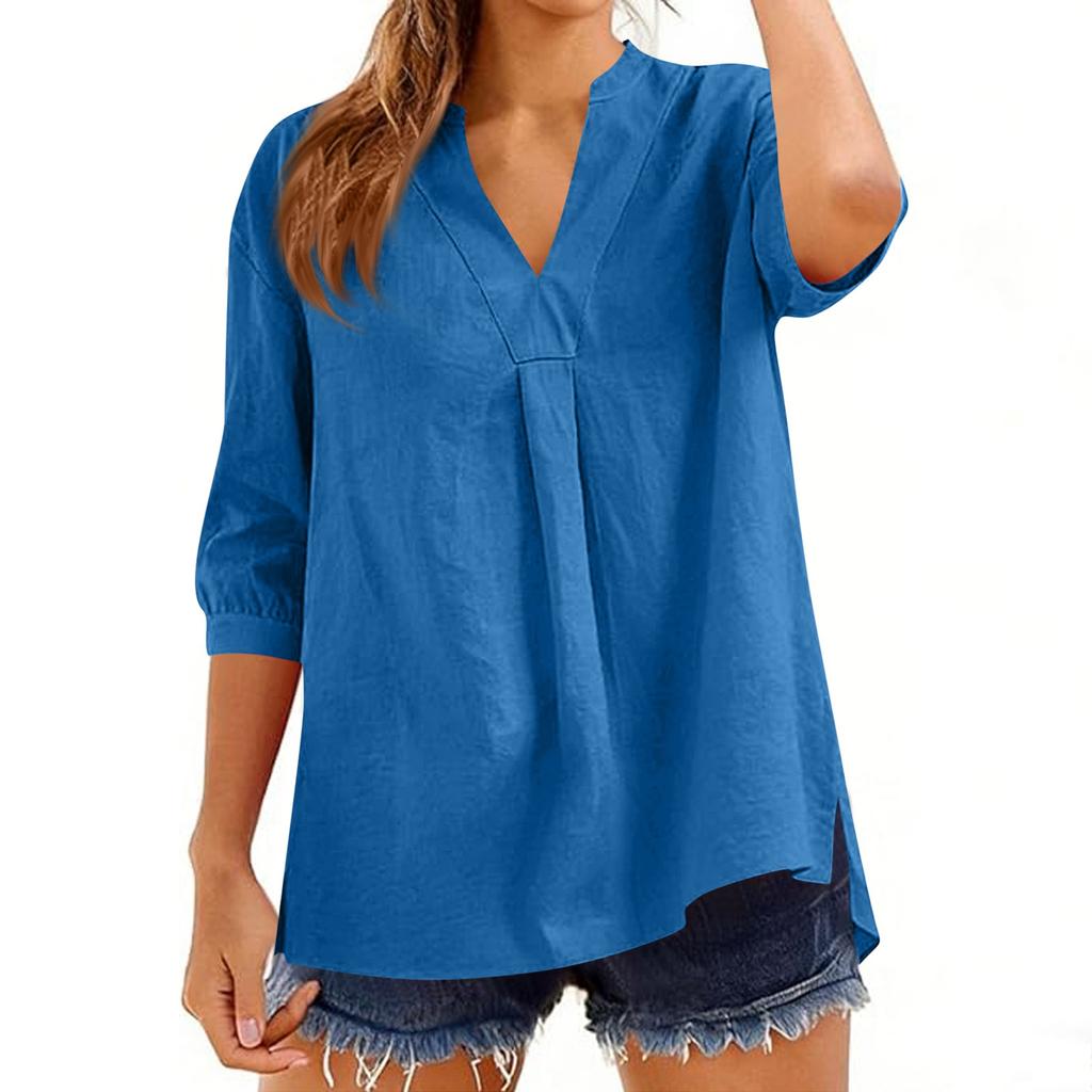 Womens 34 Sleeve V Neck Blouse Loose Fit Solid Tunic Top Casual Pullover Lightweight Comfortable Shirt for Daily Wear